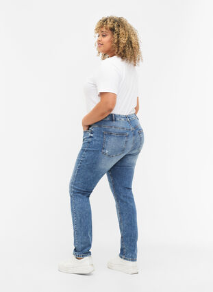 Emily Jeans mit regulärer Taille und Destroy-Effekt, Blue denim, Model image number 1
