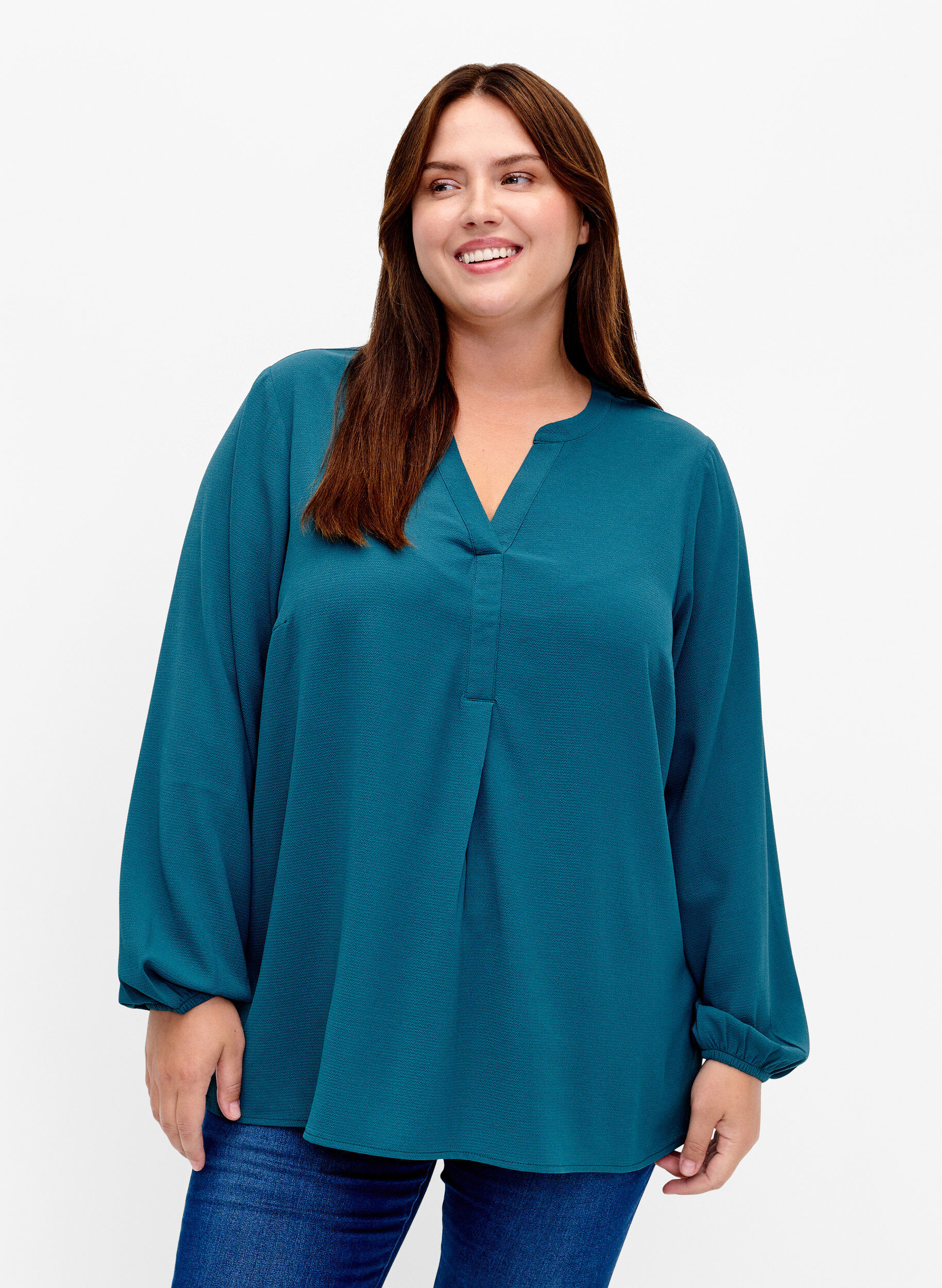 Zizzi Unifarbene Bluse mit V-Ausschnitt, Deep Teal, Model image number 0