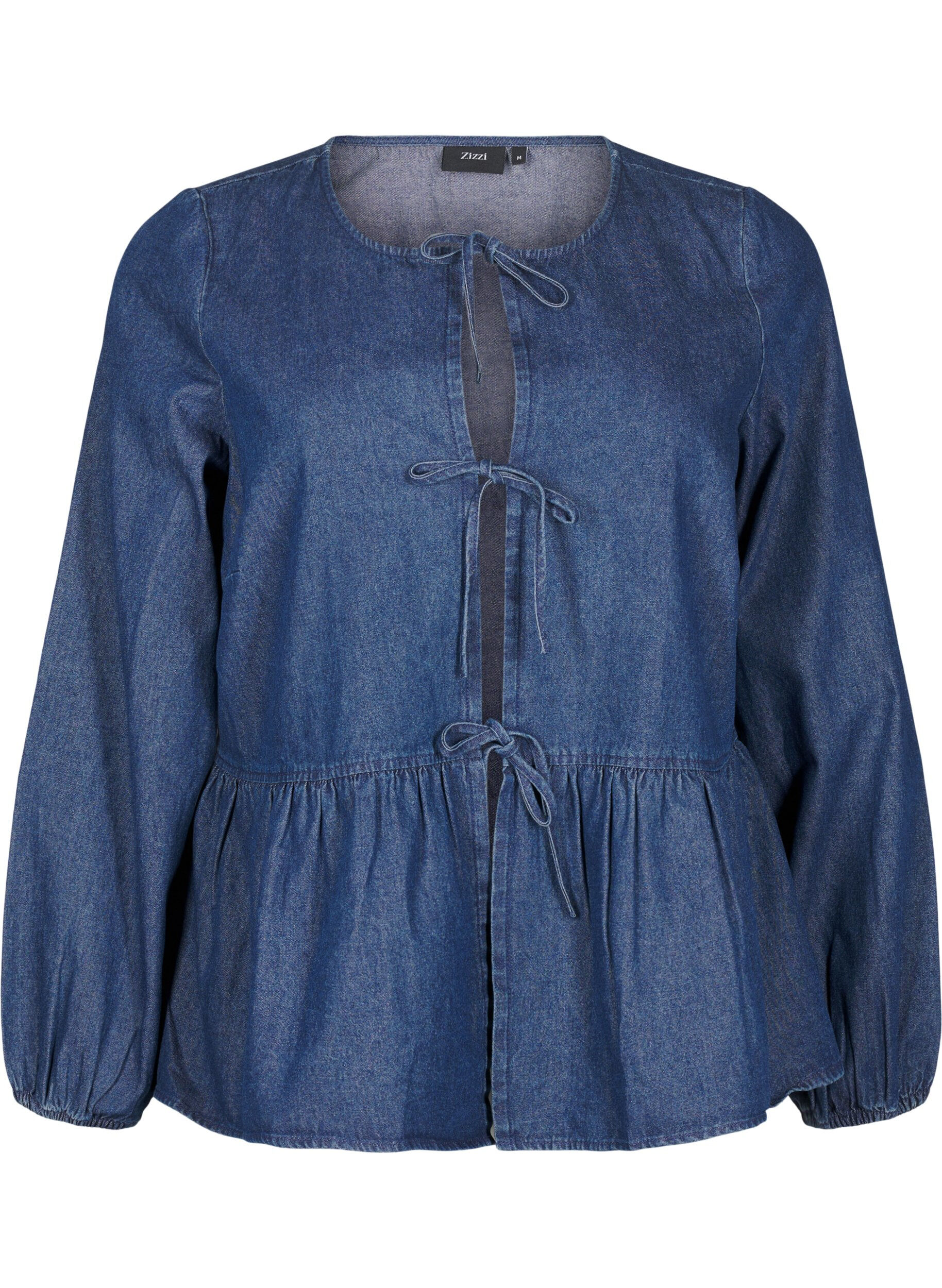 Zizzi Peplum-Bluse aus Denim mit Bindeverschluss, Blau, Packshot image number 0