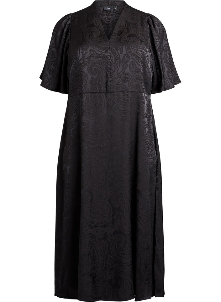 Midikleid aus Jacquard mit Paisleymuster und Fl&uuml;gel&auml;rmeln, Schwarz, Packshot image number 0