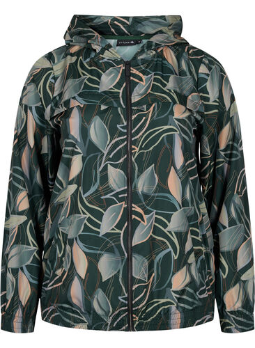 Bedruckte Trainingsjacke mit Kapuze und Reißverschluss, Leaf Print, Packshot image number 0
