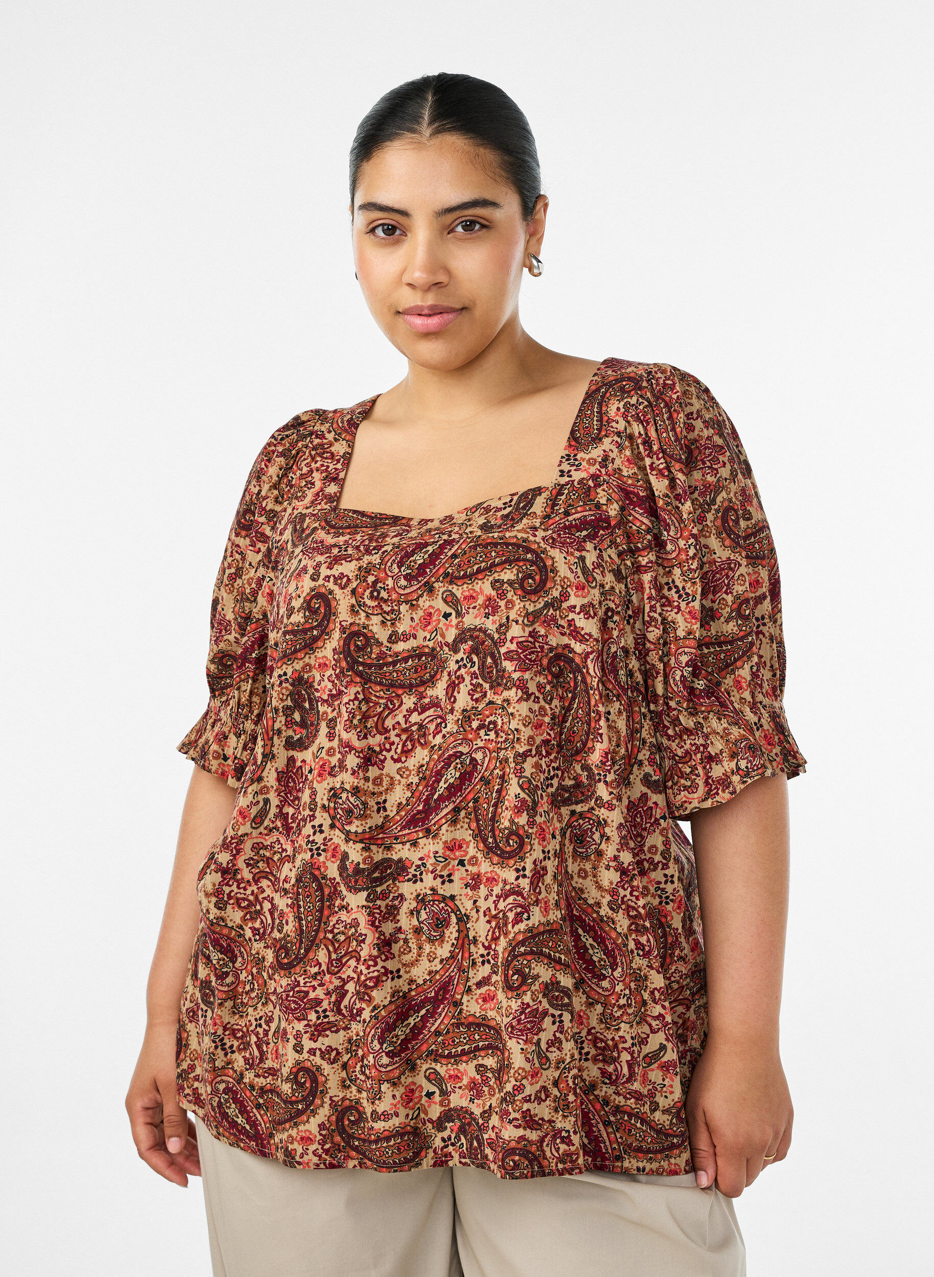 ZizziViskose-Bluse mit Paisley-Print und eckigem Ausschnitt, Braun, Model image number 0
