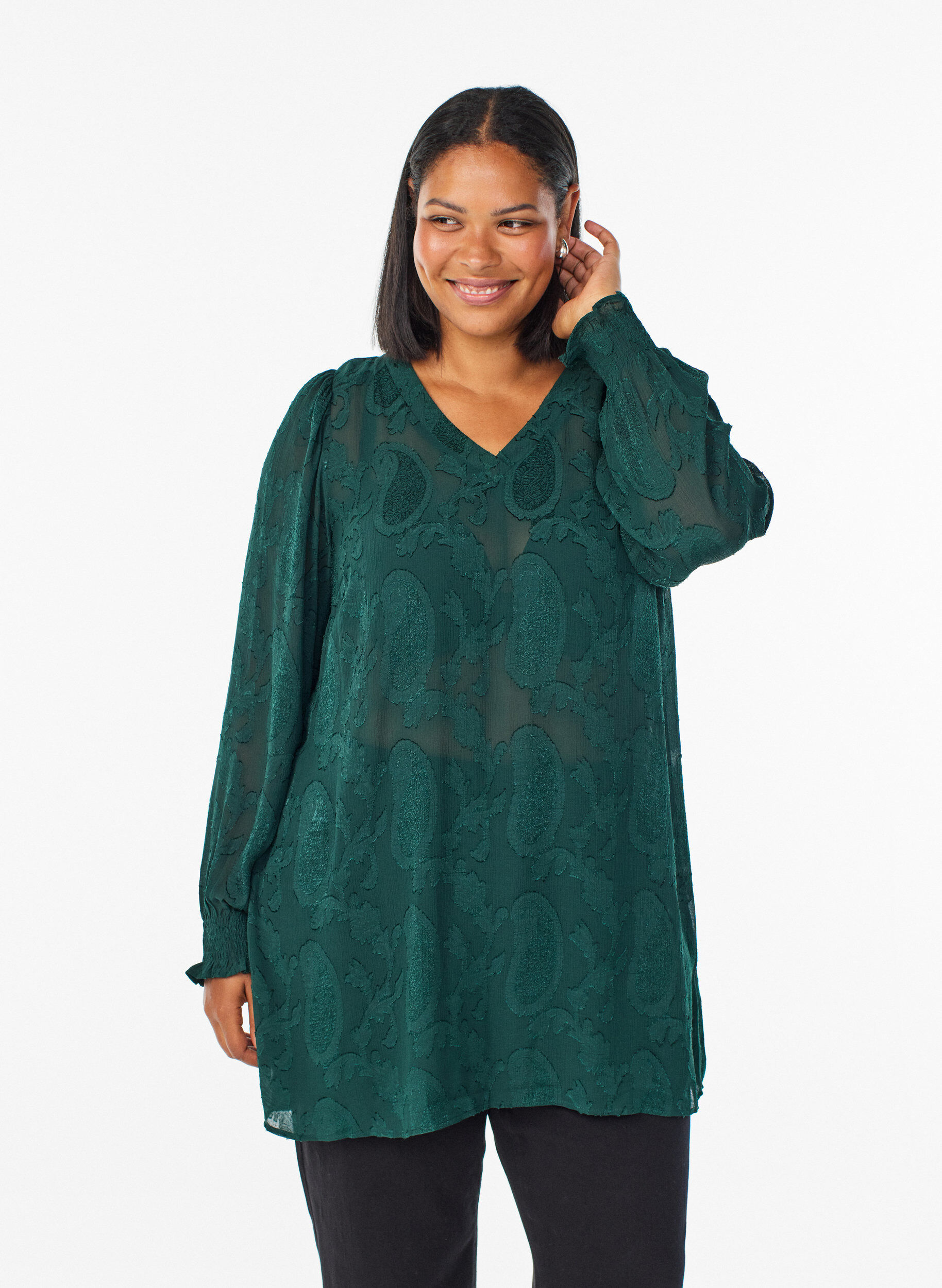 Zizzi Tunika mit Paisley-Muster und langen &Auml;rmeln, Gr&uuml;n, Model image number 0