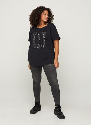 Baumwoll T-Shirt mit Nieten, Black w Excla, Model image number 2