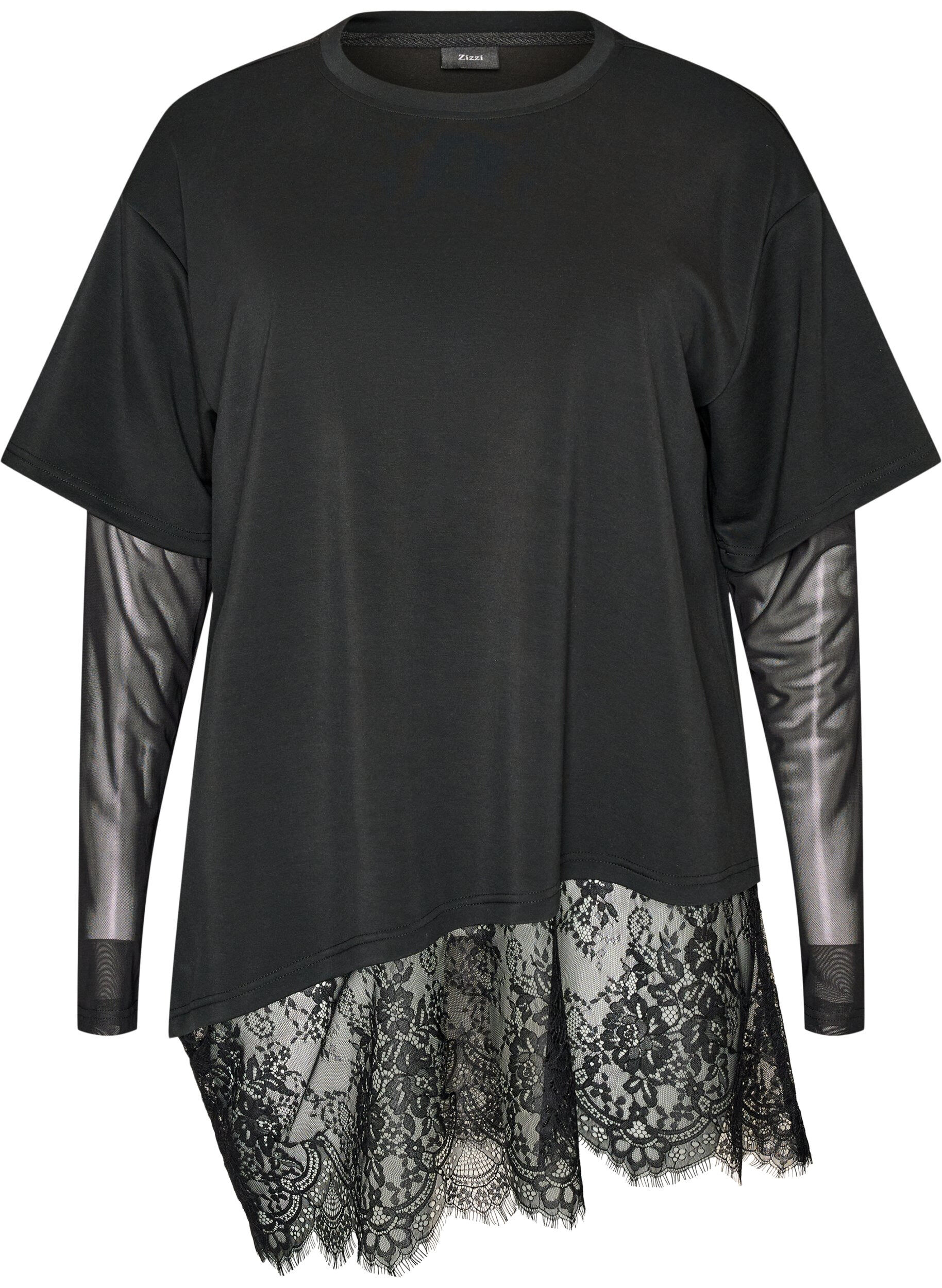 ZizziBluse mit Mesh-&Auml;rmeln und Spitzenbesatz, Schwarz, Packshot image number 0