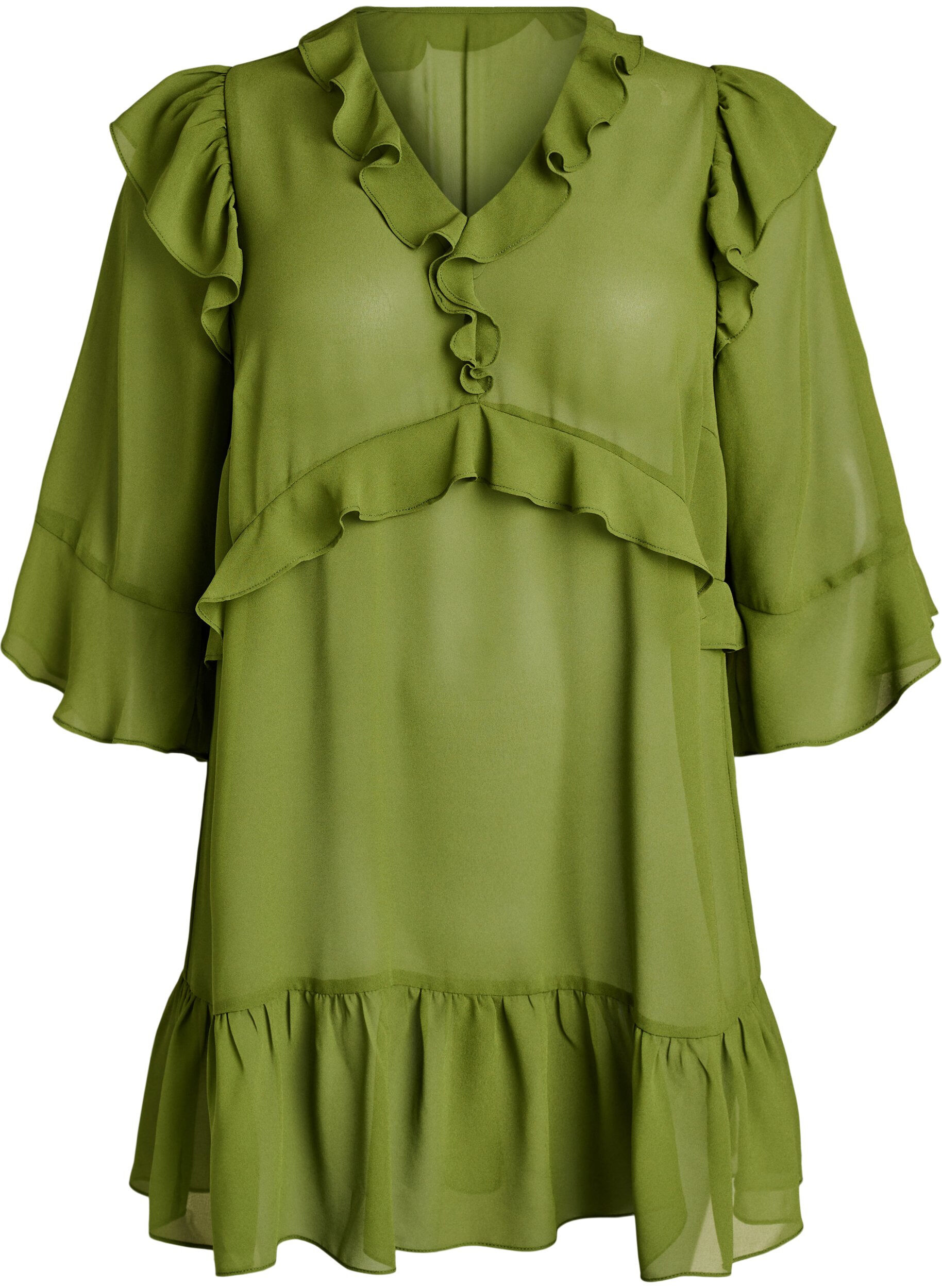 ZizziLeichtes Kleid mit R&uuml;schen und V-Ausschnitt, Gr&uuml;n, Packshot image number 0