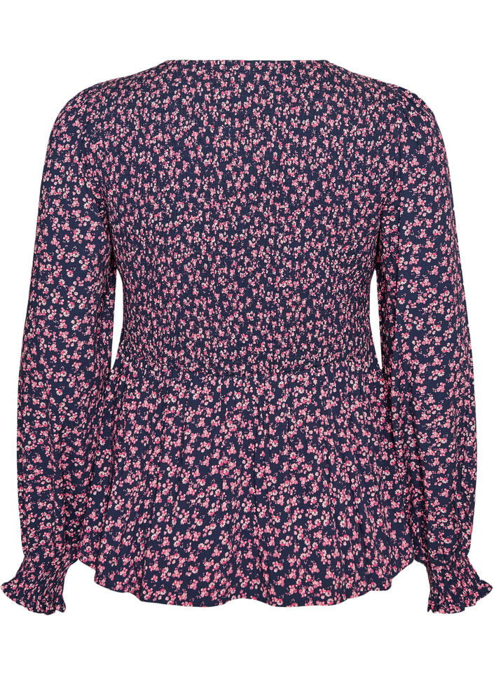 Bluse mit gesmoktem Oberteil und gebl&uuml;mtem Print, Blau, Packshot image number 1