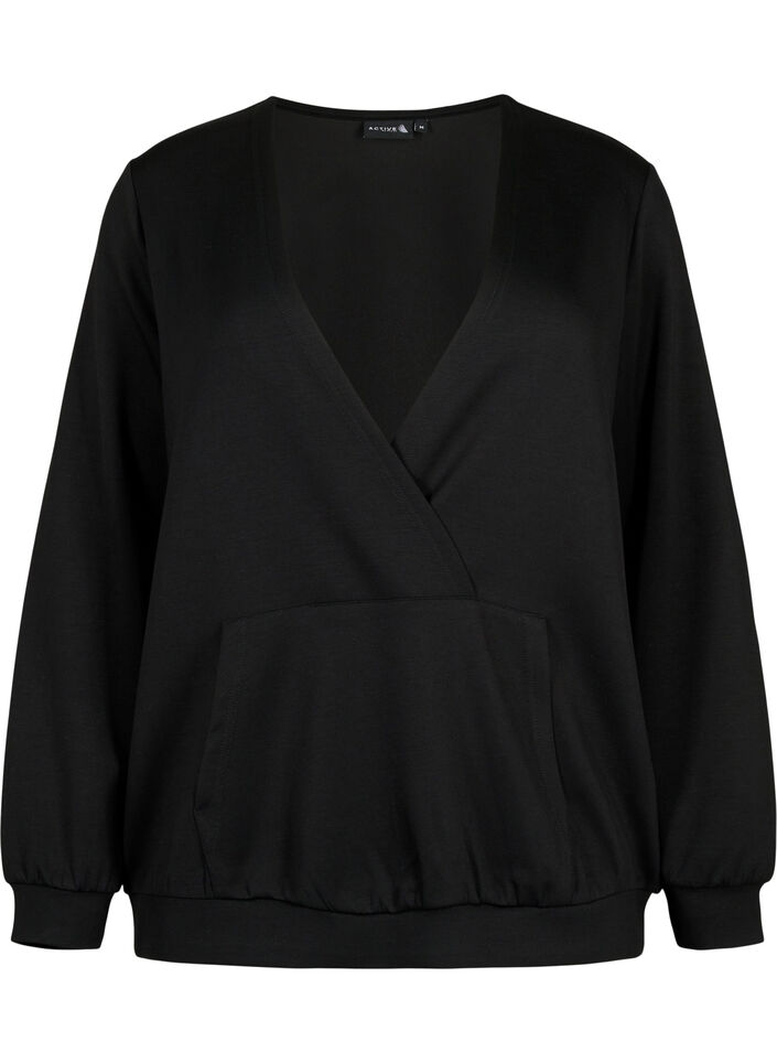 Sweatshirt mit V-Ausschnitt und Tasche, Black, Packshot image number 0