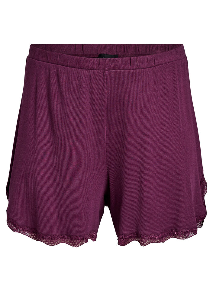 Lockere Nachtshorts aus geripptem Material mit Spitzensaum, Dunkles Bordeaux, Packshot image number 0