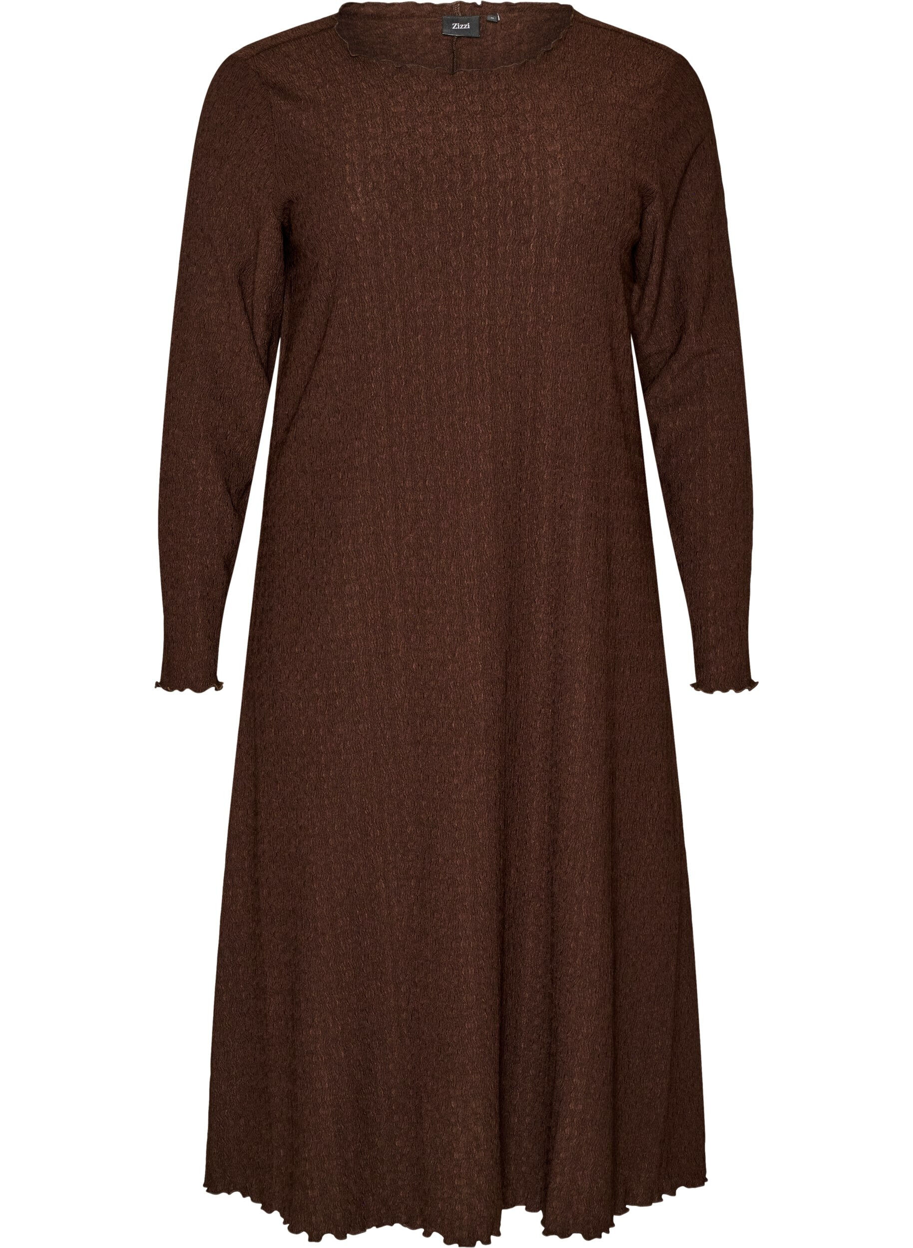 ZizziMidi-Kleid mit welliger Struktur und langen &Auml;rmeln, Braun, Packshot image number 0