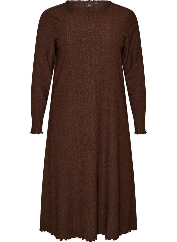 Midi-Kleid mit welliger Struktur und langen &Auml;rmeln, Braun, Packshot image number 0
