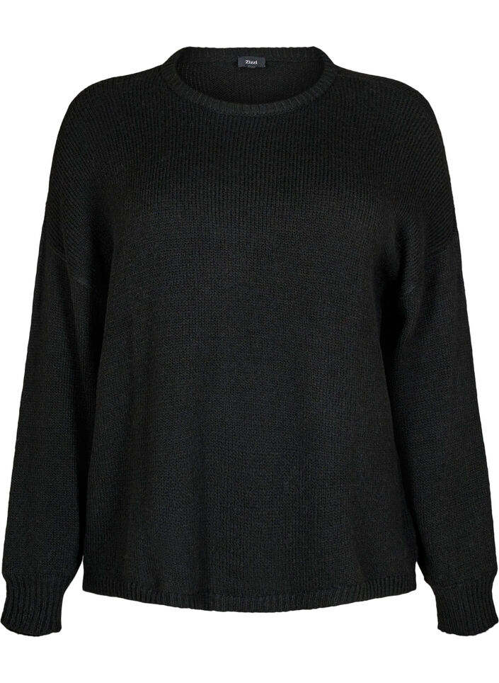 Langärmliger Strickpullover mit Wollanteil und Rundhalsausschnitt, Black Solid, Packshot image number 0