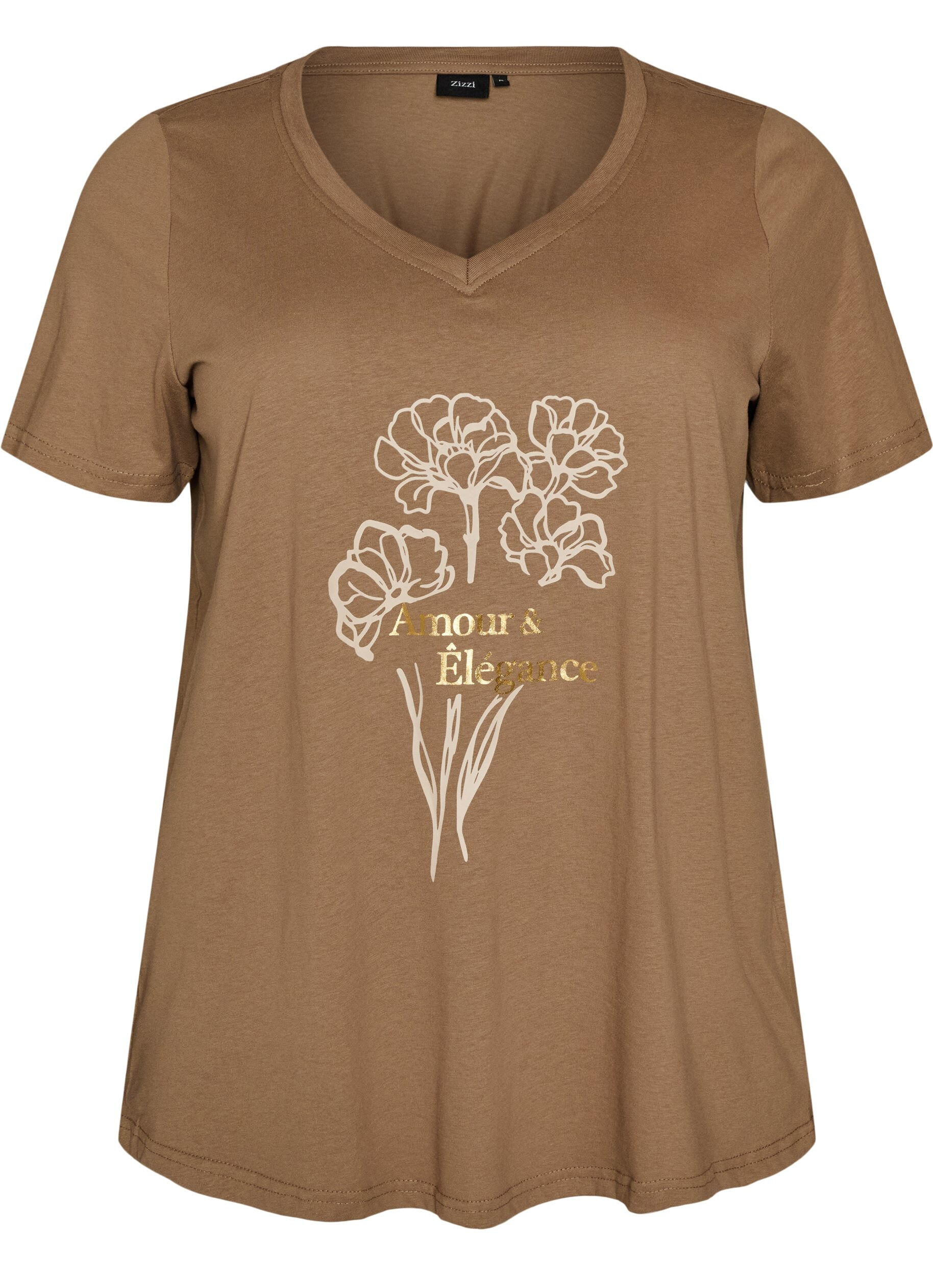 ZizziT-Shirt aus Baumwolle mit Frontprint und V-Ausschnitt, Braun, Packshot image number 0