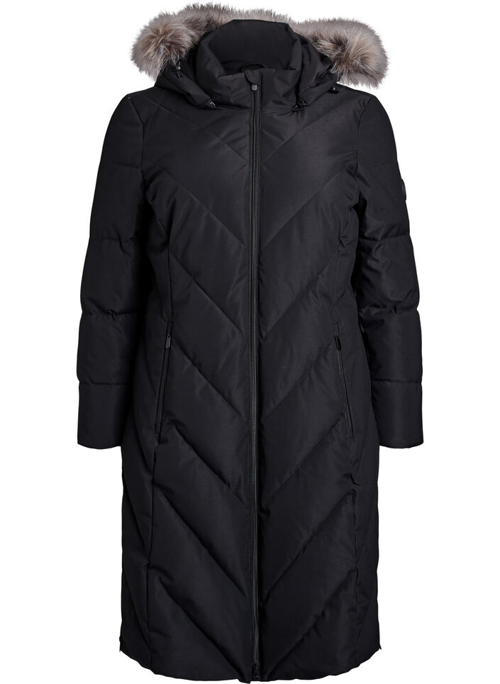 Langer Wintermantel mit Hakenverschl&uuml;ssen und Kunstfellkragen, Schwarz, Packshot image number 0