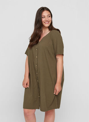 Kurzarm Kleid aus Baumwolle mit Knöpfen, Ivy Green, Model image number 0