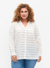 Hemdbluse mit Knopfverschluss, White Taupe Stripe, Model