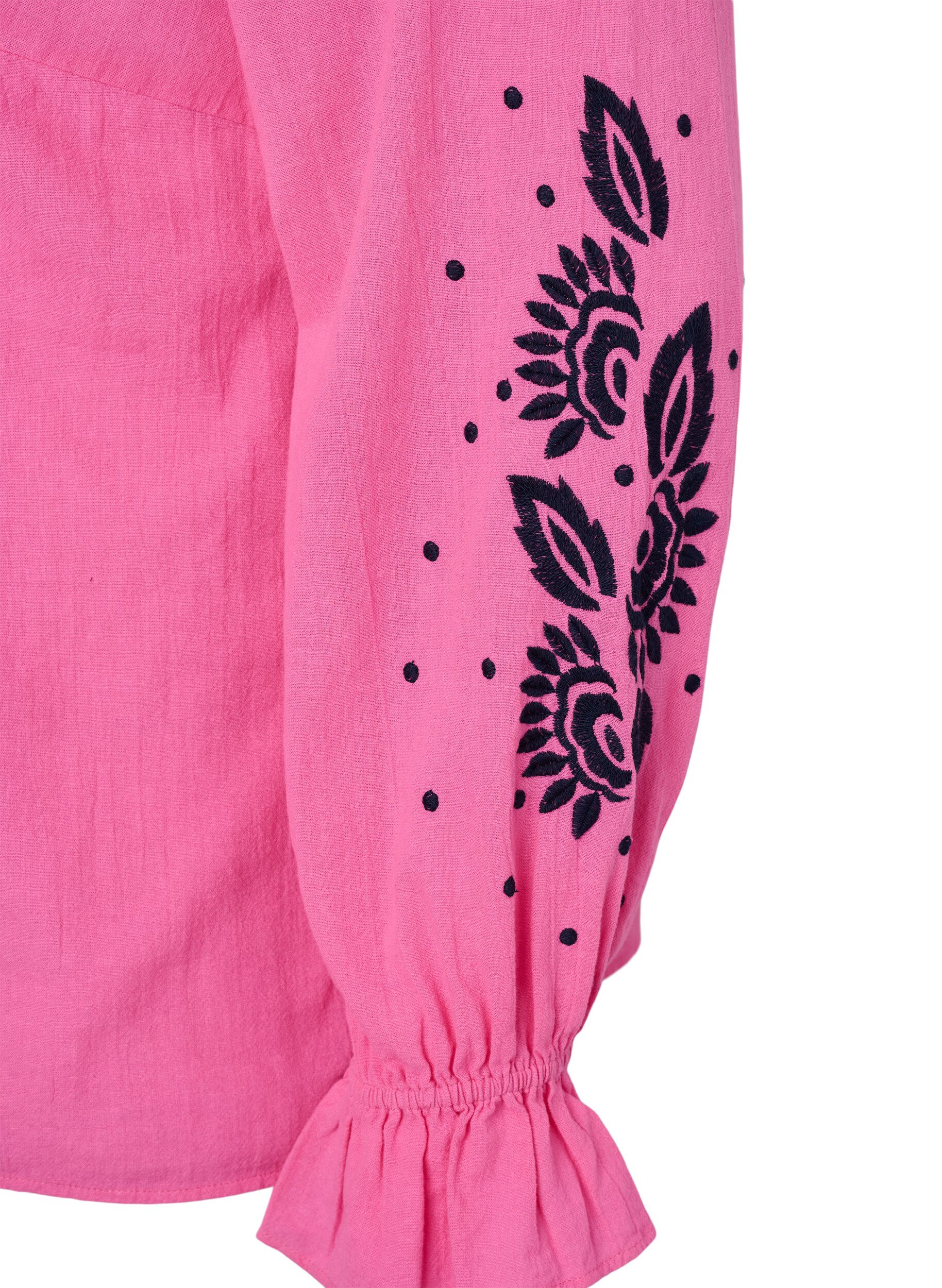 Zizzi Baumwollbluse mit Stickerei und R&uuml;schen, Pink, Packshot image number 3
