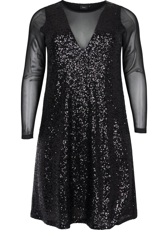 A-Linie-Paillettenkleid mit langen Ärmeln, Black, Packshot image number 0