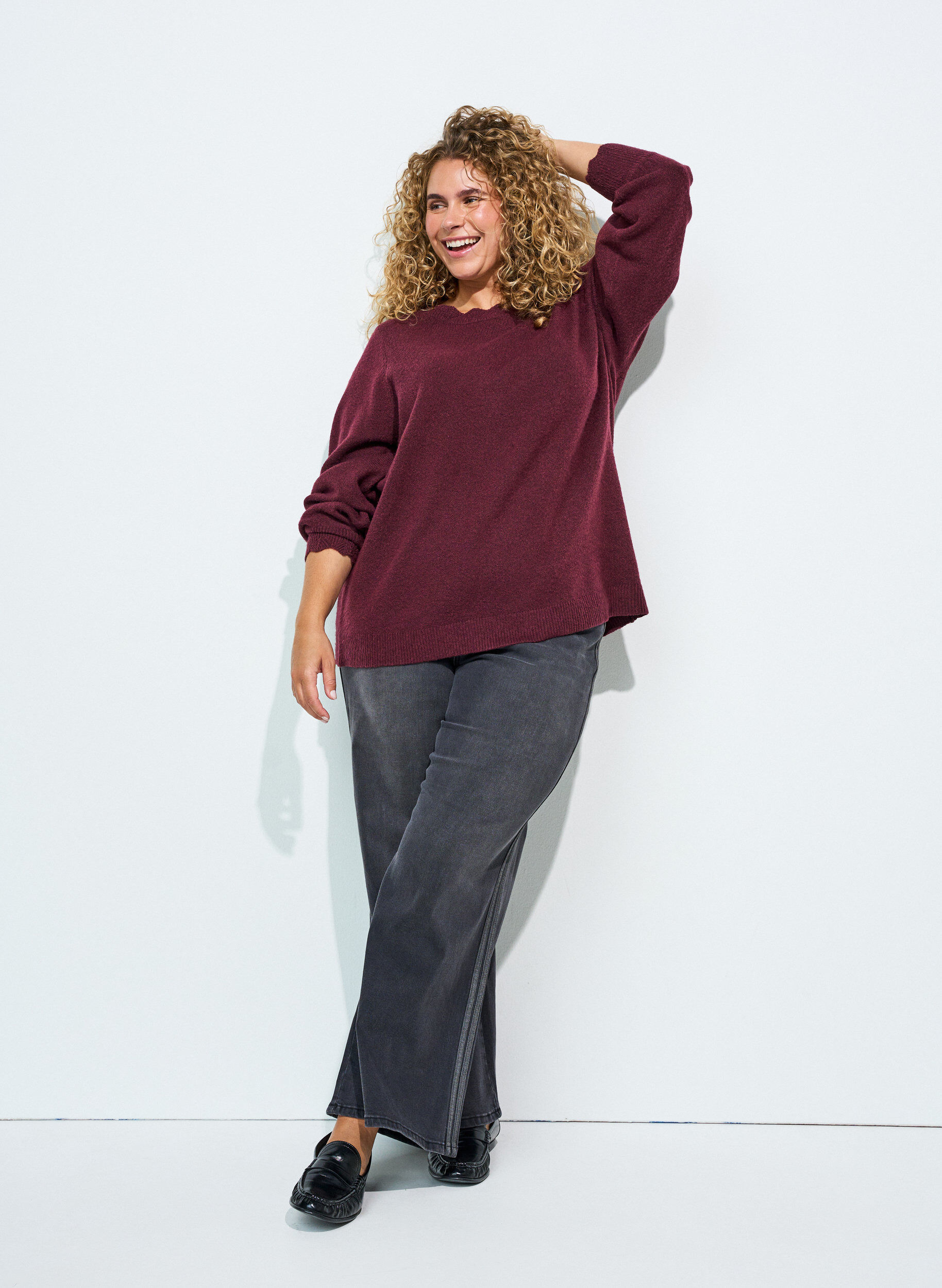 ZizziStrickbluse mit Wellenkante, Rot, Model image number 1