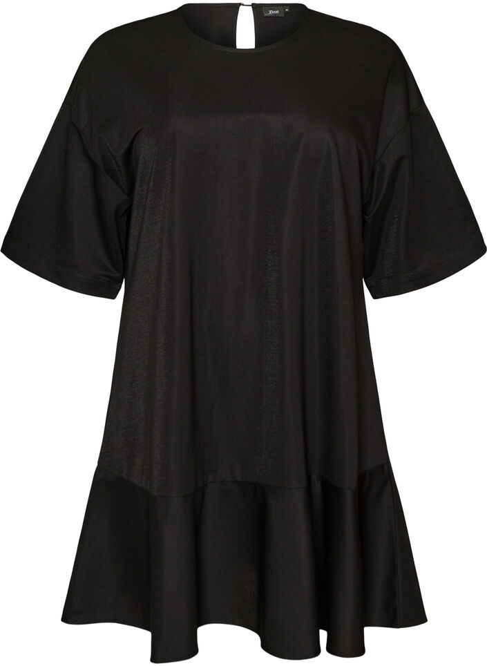 Kurzes Kleid mit lockerer Passform und R&uuml;schensaum, Schwarz, Packshot image number 0