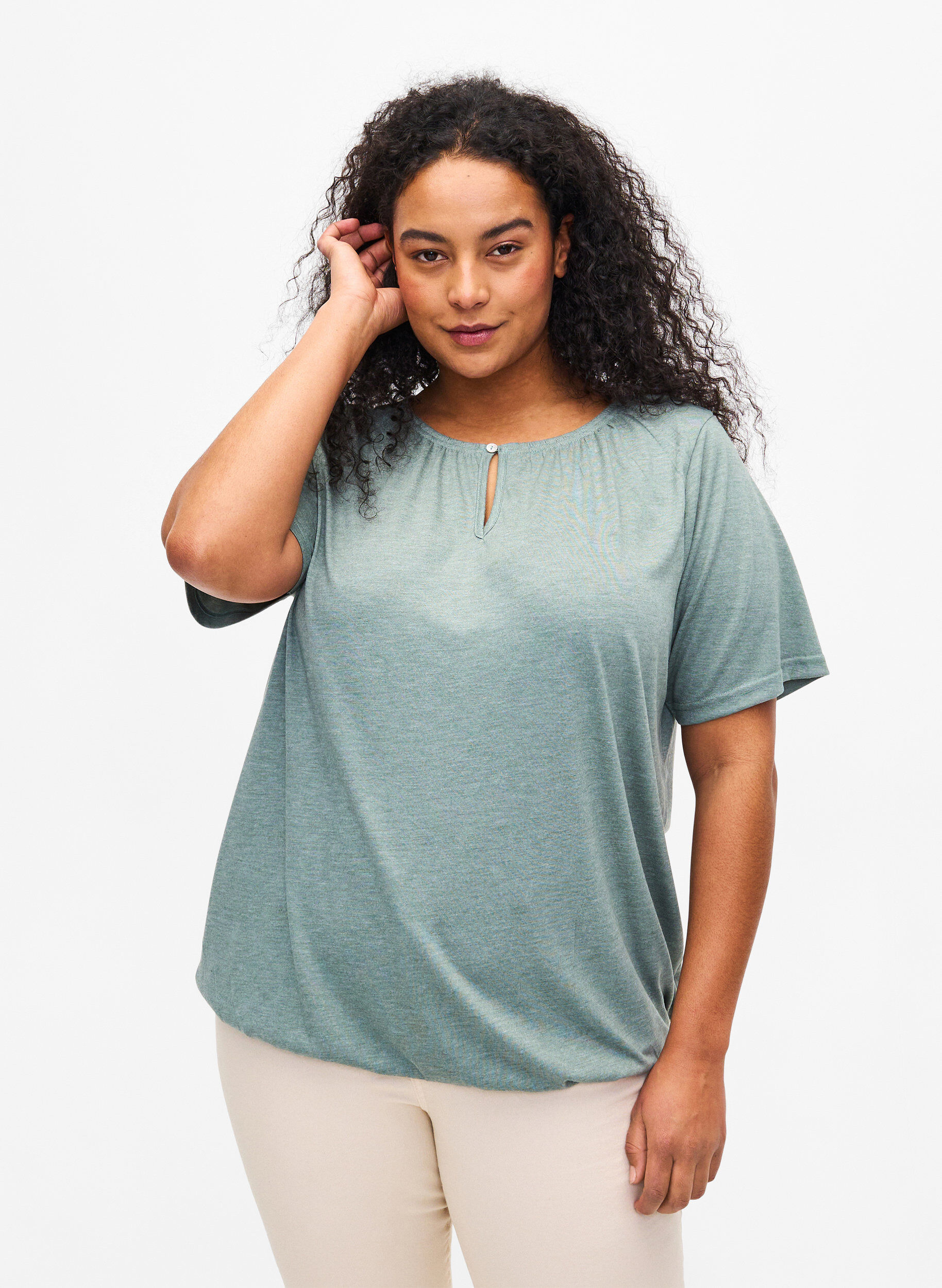 Zizzi Melange Bluse mit kurzen Pins, Chinois Green Mel., Model image number 0