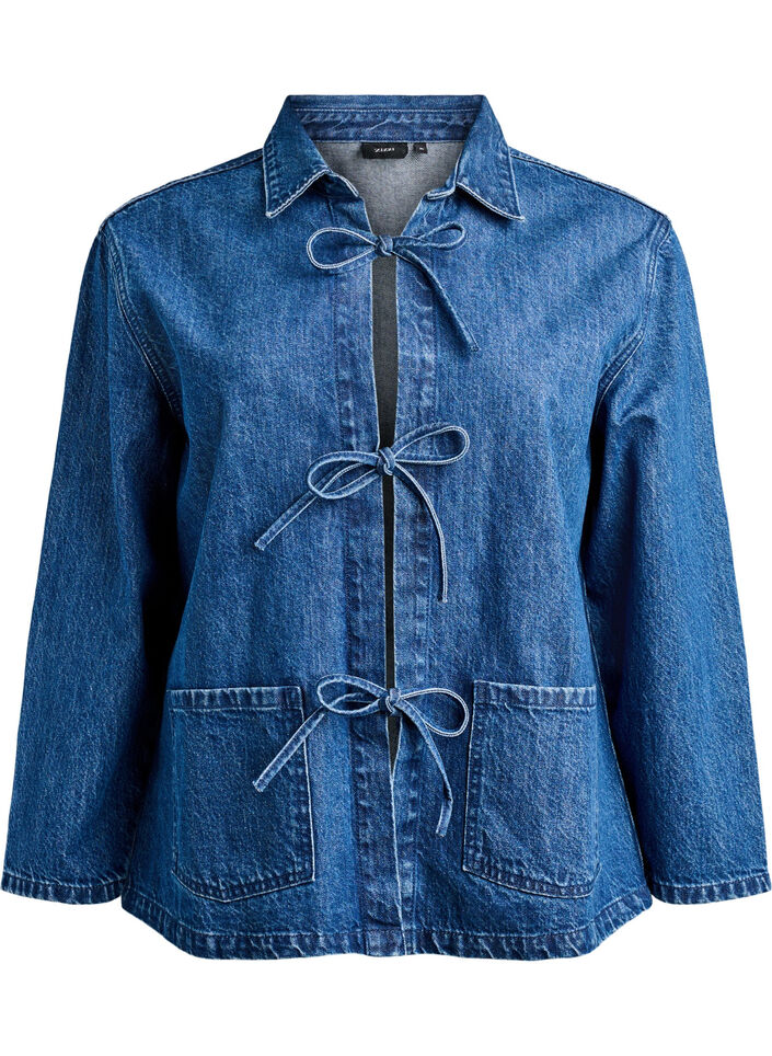 Jeansjacke mit Bindeverschluss und Taschen, Blue Denim, Packshot image number 0