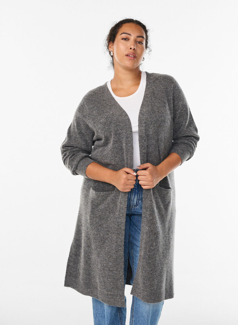 Langer Strickcardigan mit Wolle und Alpaka, Grau, Model image number 0