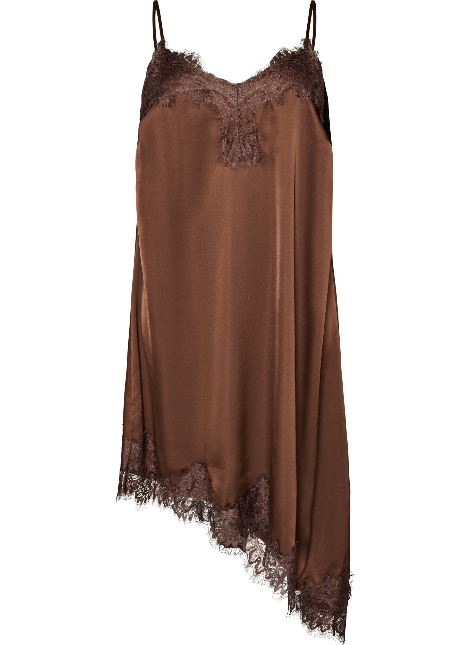 Kleid aus Satin mit Spitze und asymmetrischem Saum