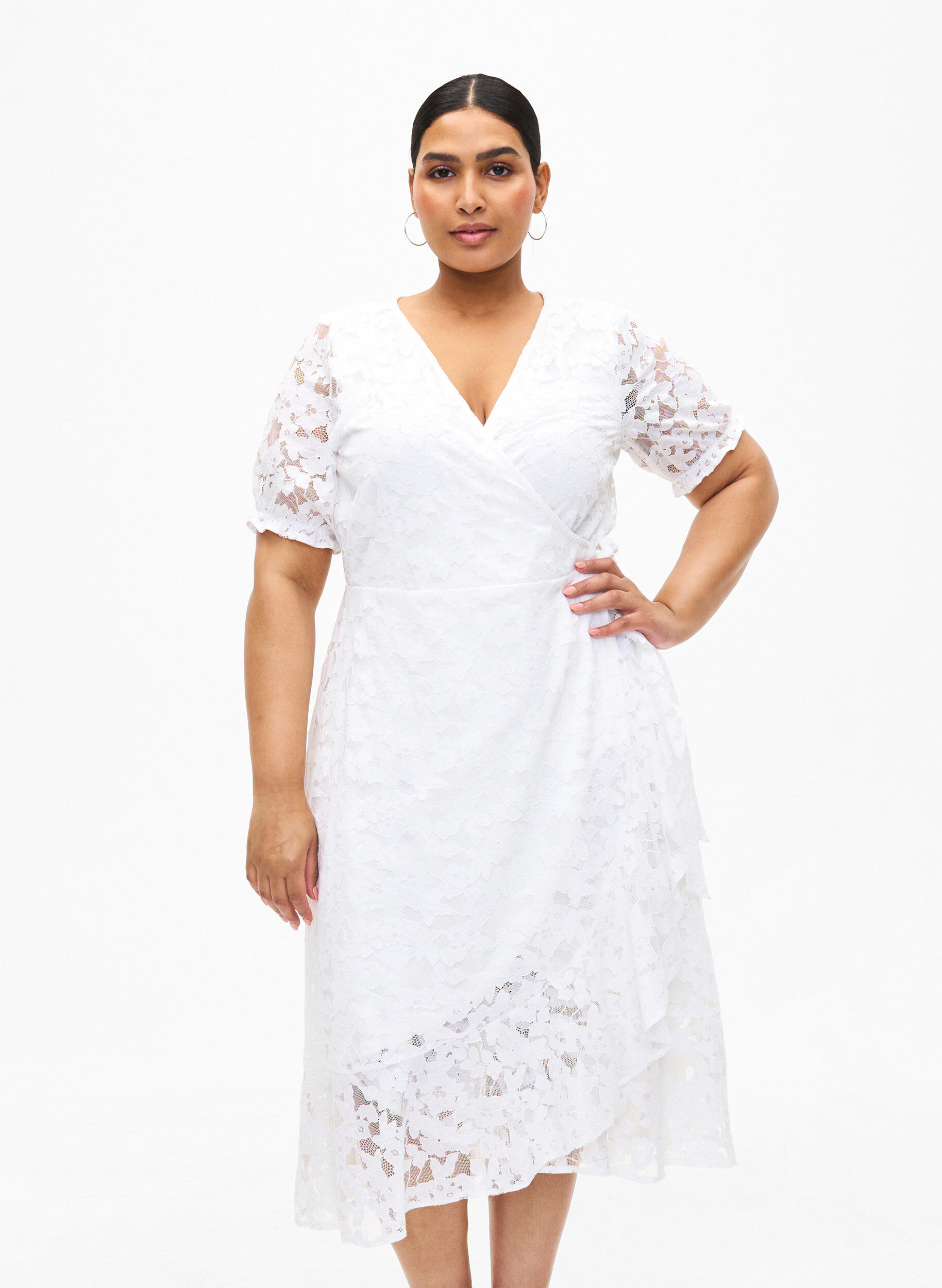 Zizzi Wickelkleid mit Spitze und kurzen &Auml;rmeln, Bright White, Model image number 0