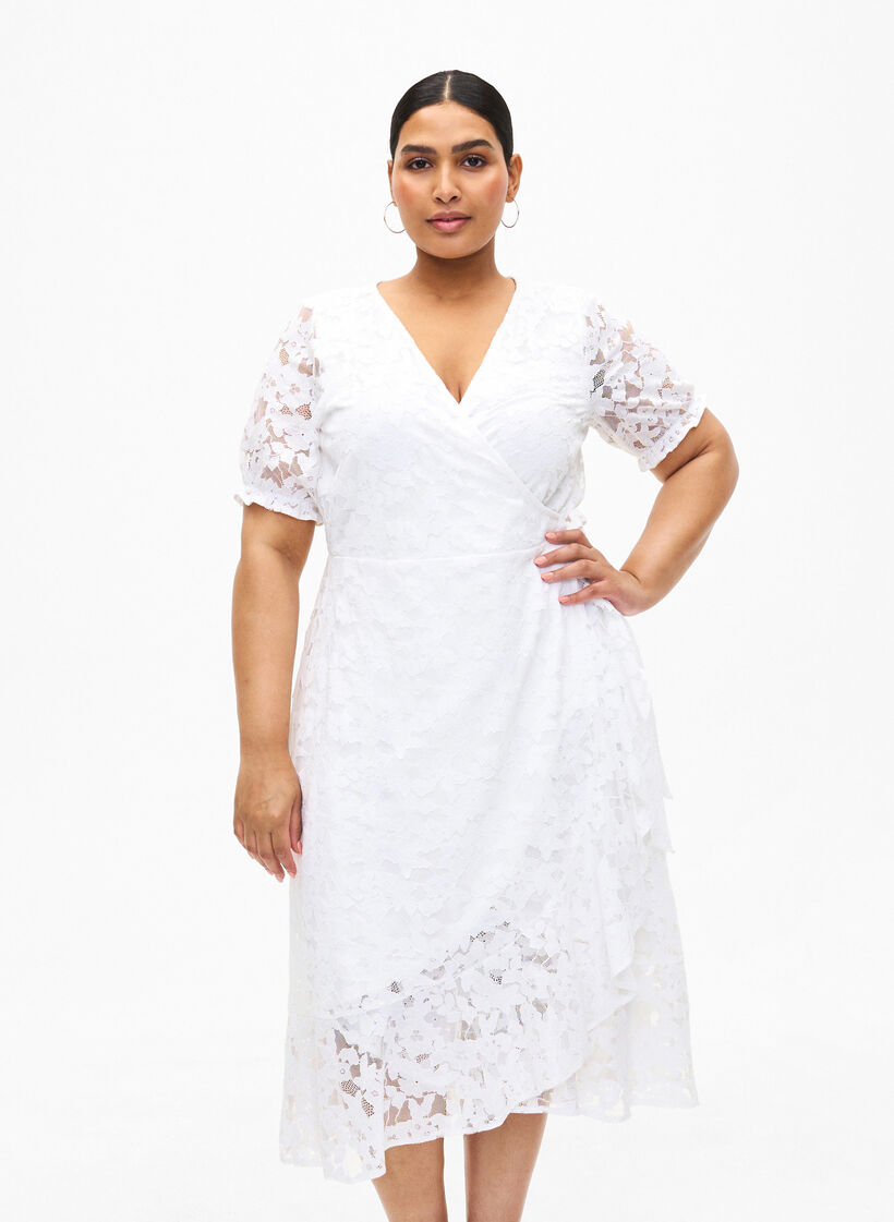 Wickelkleid mit Spitze und kurzen Ärmeln, Bright White, Model image number 0