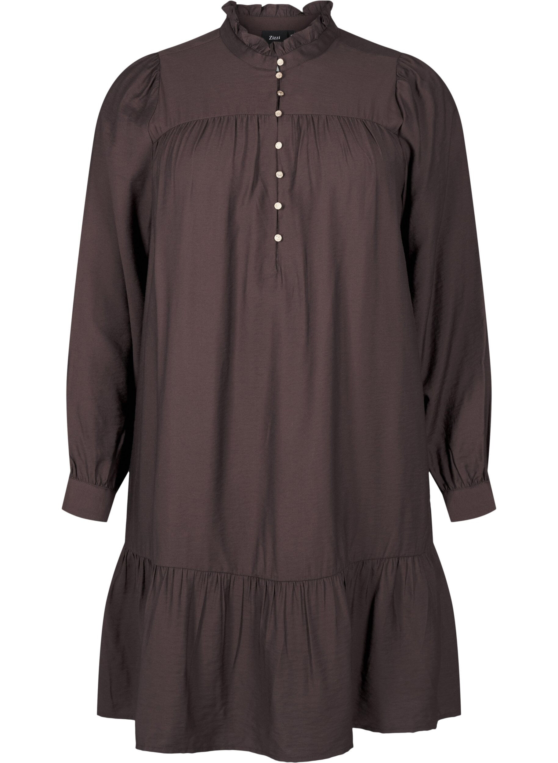 Zizzi Kurzes Kleid mit R&uuml;schenkragen, Seal Brown, Packshot image number 0