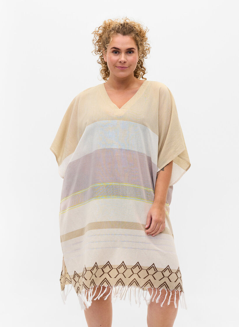 Gestreiftes Strandkleid aus Baumwolle mit Fransen, Sand As Sample, Model