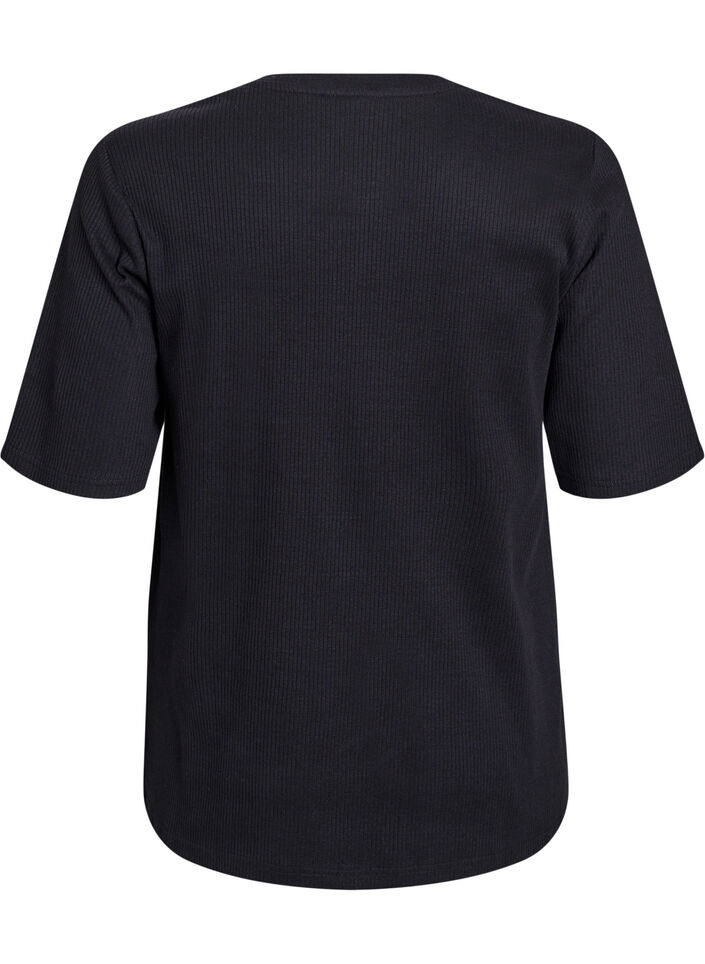 Bluse aus geripptem Jersey mit kurzen Ärmeln, Schwarz, Packshot image number 1