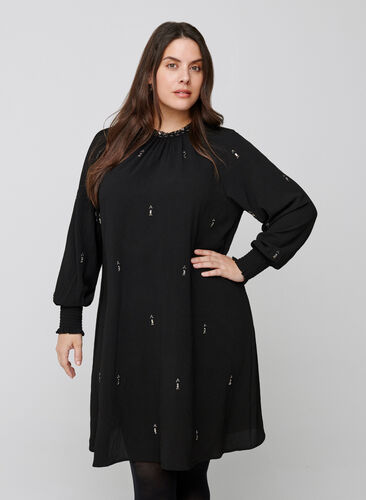 Langarm Kleid mit Perlen und Smock, Black, Model image number 0
