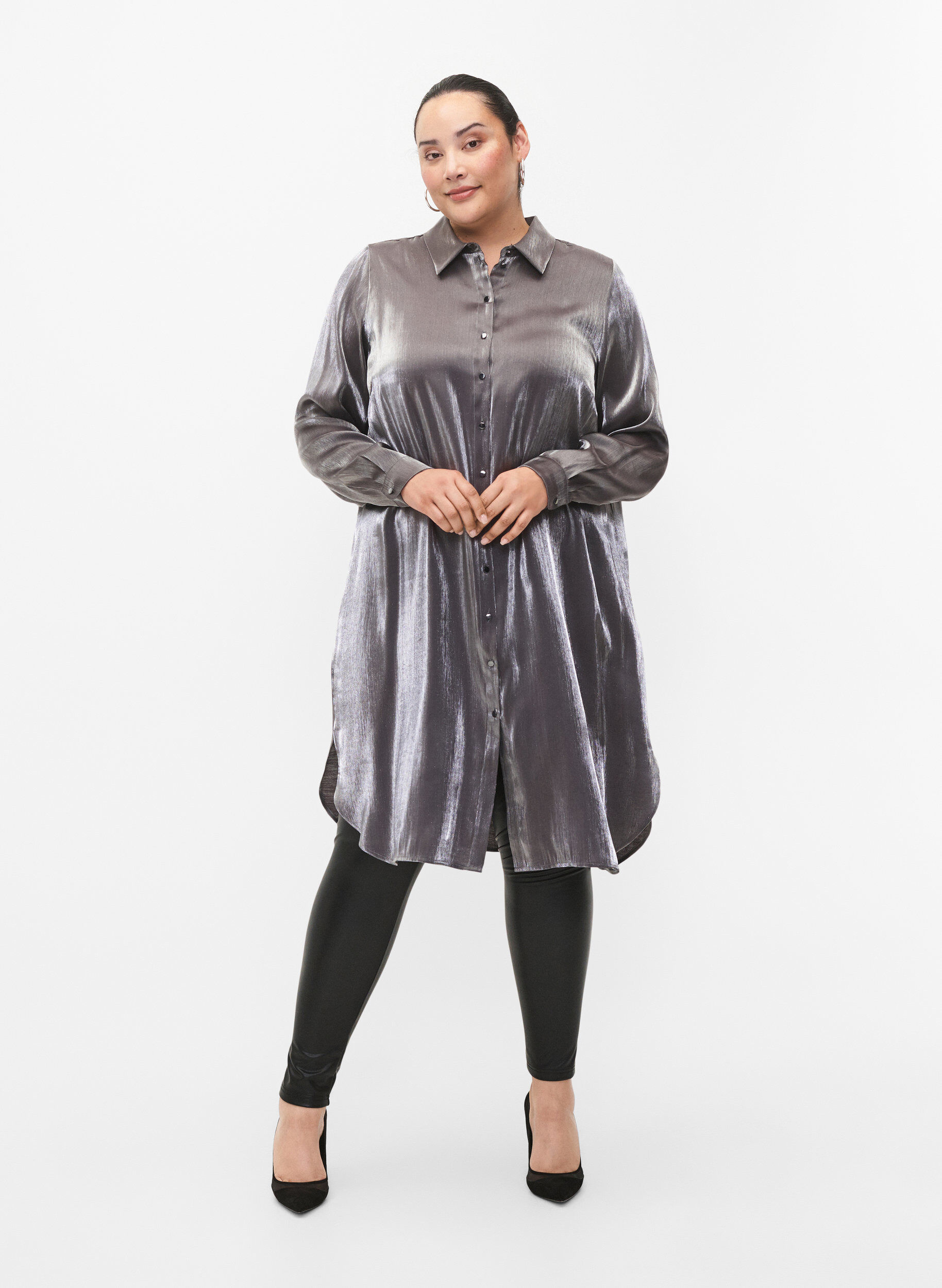 Zizzi Langes silberfarbenes Shirt, Dark Silver, Model image number 3