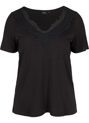T-Shirt aus Baumwolle mit V-Ausschnitt und Spitze, Black, Packshot image number 0