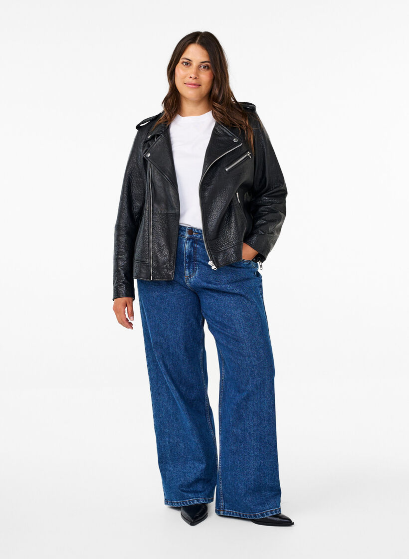 Bikerjacke aus Leder mit Taschen, Black, Model image number 2