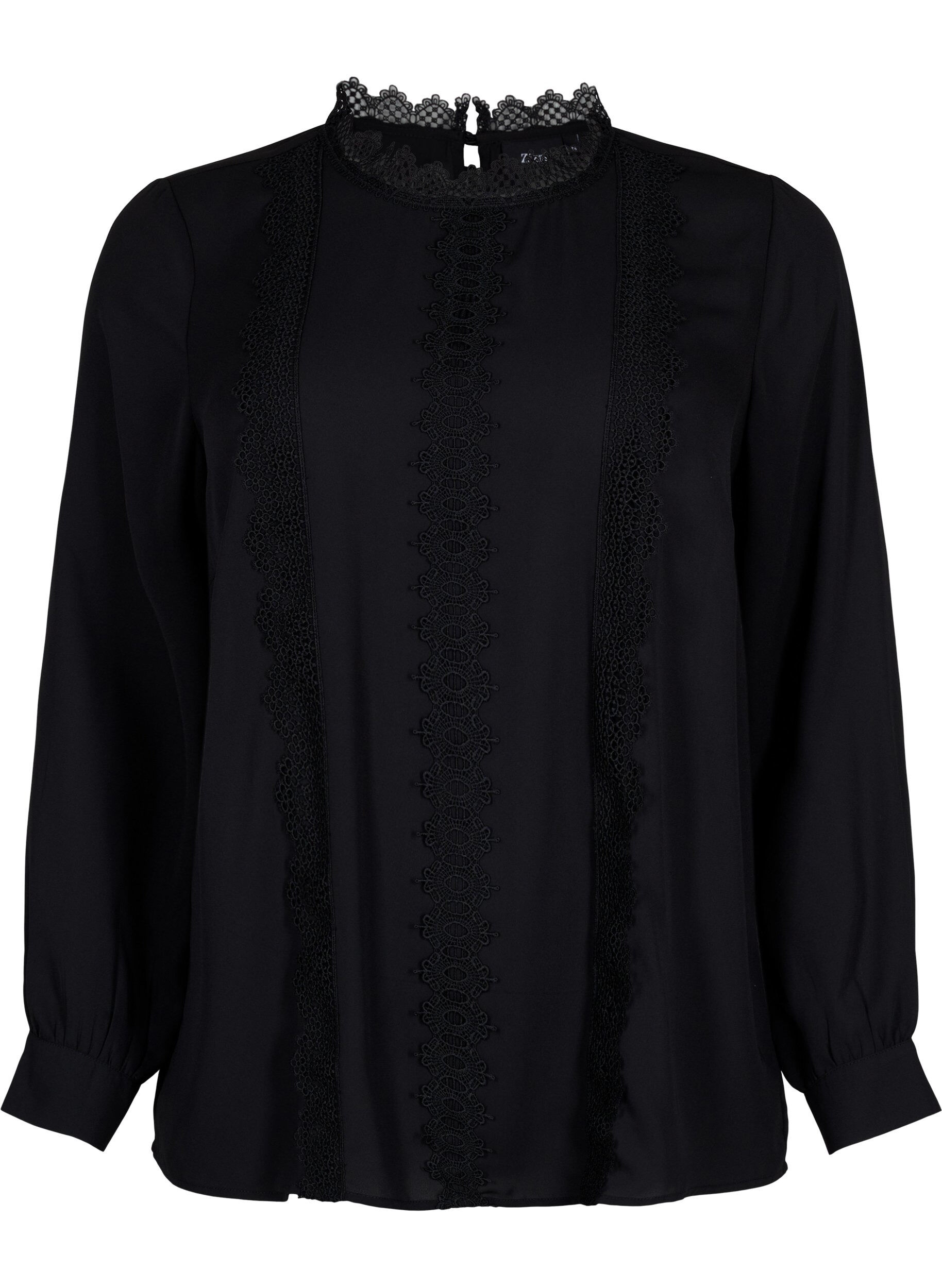 Zizzi Lang&auml;rmelige Bluse mit Spitze, Black, Packshot image number 0