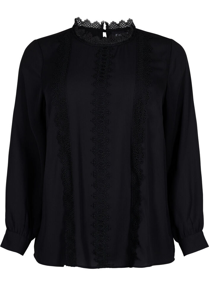 Lang&auml;rmelige Bluse mit Spitze, Black, Packshot image number 0