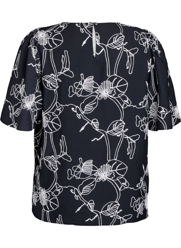 Kurzärmelige Bluse mit Stickmuster, Schwarz, Packshot image number 1