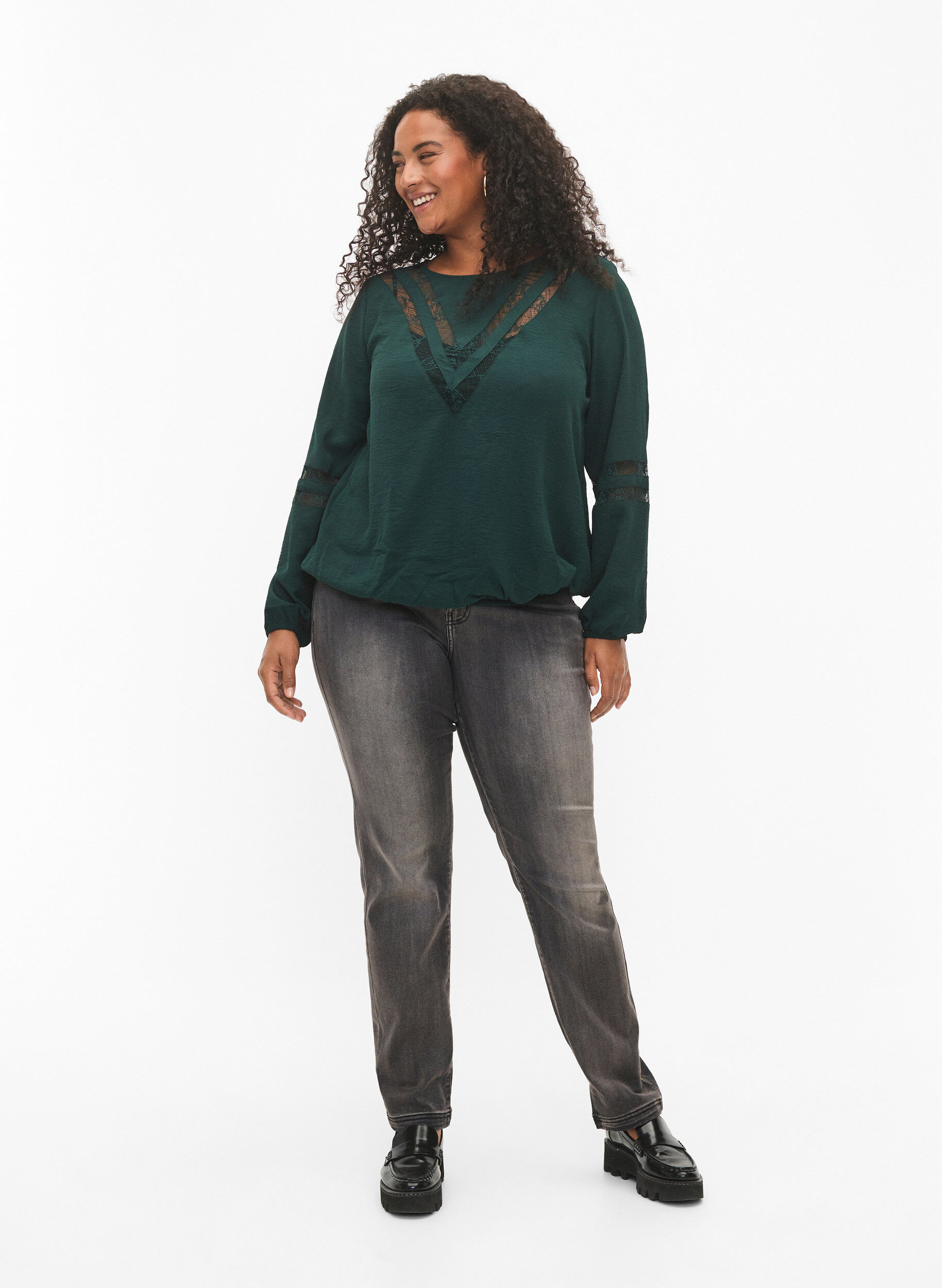 Zizzi  Langarm-Bluse mit Spitze, Scarab, Model image number 2