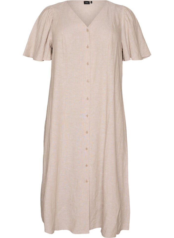 Midikleid aus Leinen und Viskose mit R&uuml;schen&auml;rmeln, Beige, Packshot image number 0