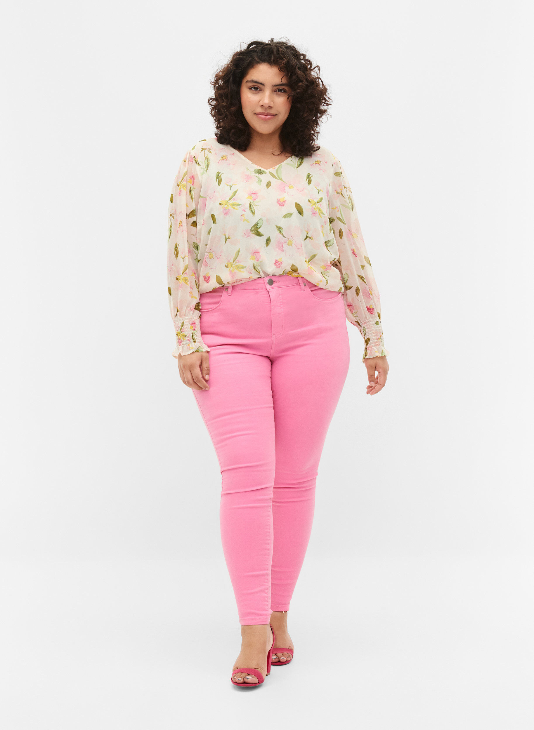Zizzi Hochtaillierte Amy Jeans in Super Slim Fit, Rosebloom, Model image number 0