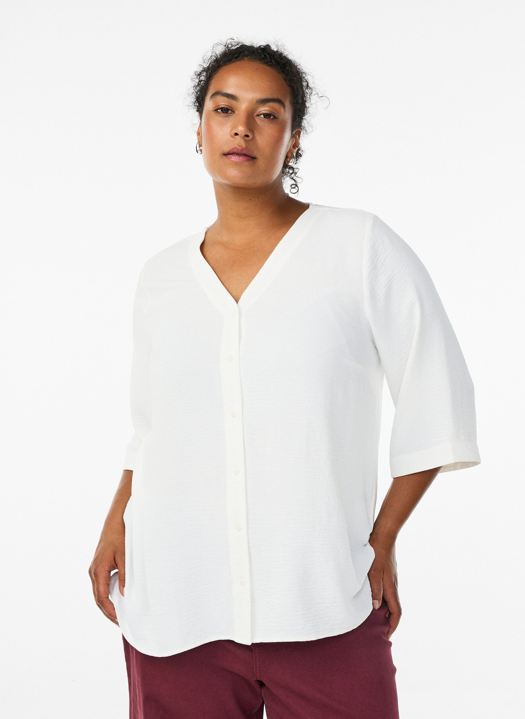 Bluse mit V-Ausschnitt und 3/4-&Auml;rmeln, Vanille, Model