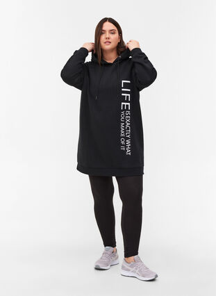 Langes Sweatshirt mit Kapuze und Printdetails, Black, Model image number 2