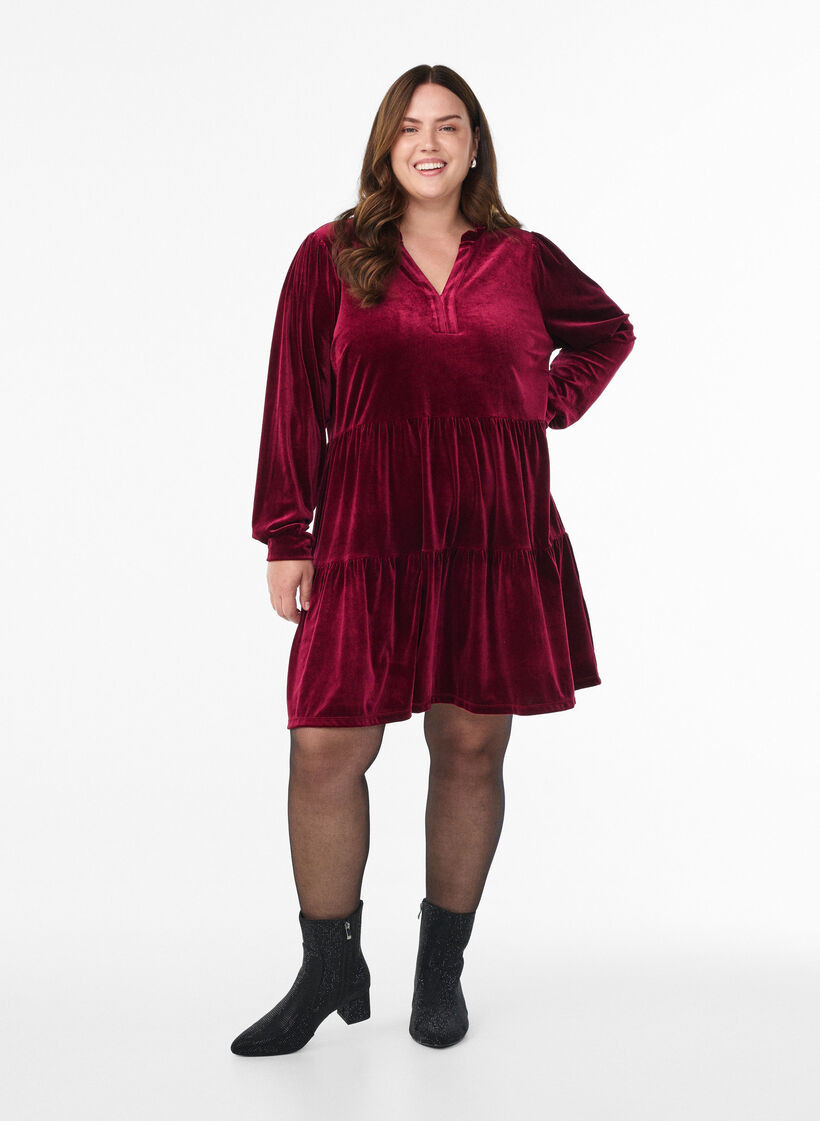 Kurzes Kleid aus Velours mit R&uuml;schenkragen und langen &Auml;rmeln, Rot, Model image number 1