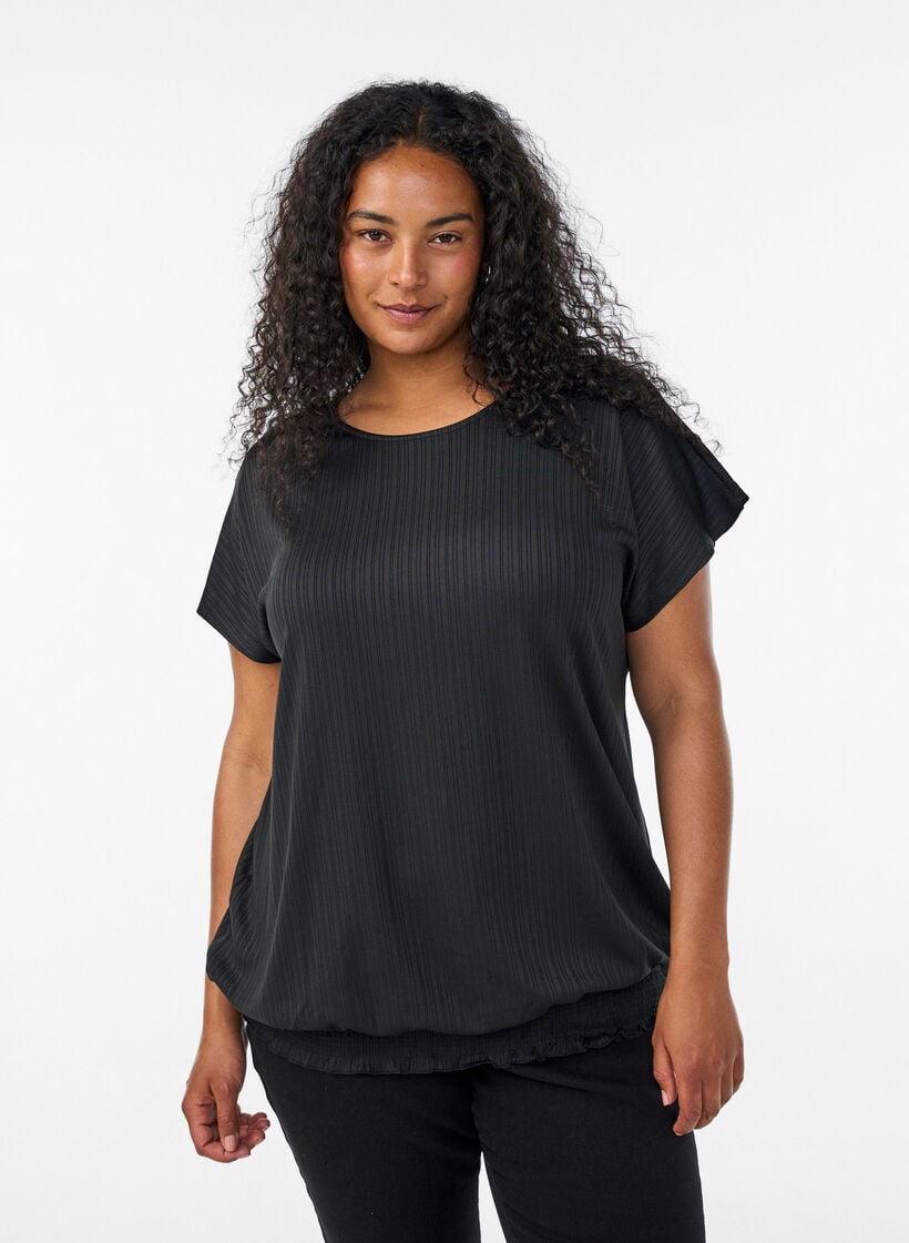 Jersey-Bluse mit strukturierten Streifen und Smocksaum, Schwarz, Model image number 0