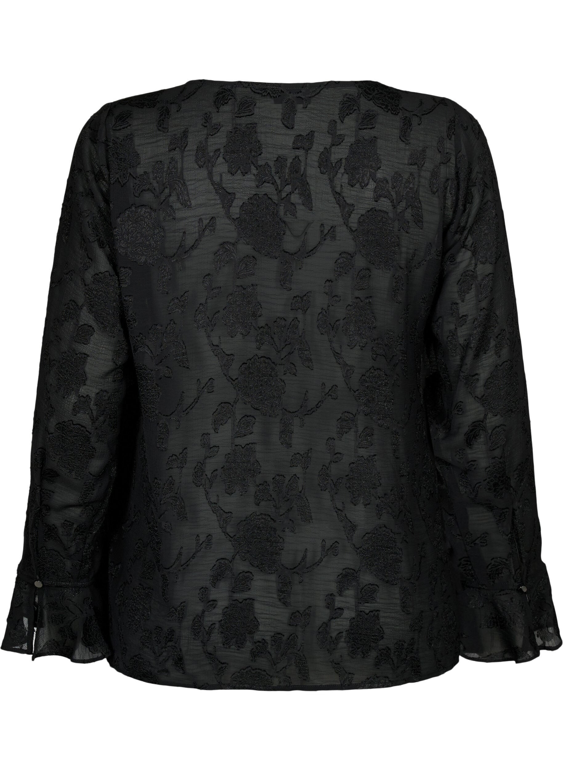 Zizzi Lang&auml;rmliges Hemd mit Jacquard-Look, Black, Packshot image number 1