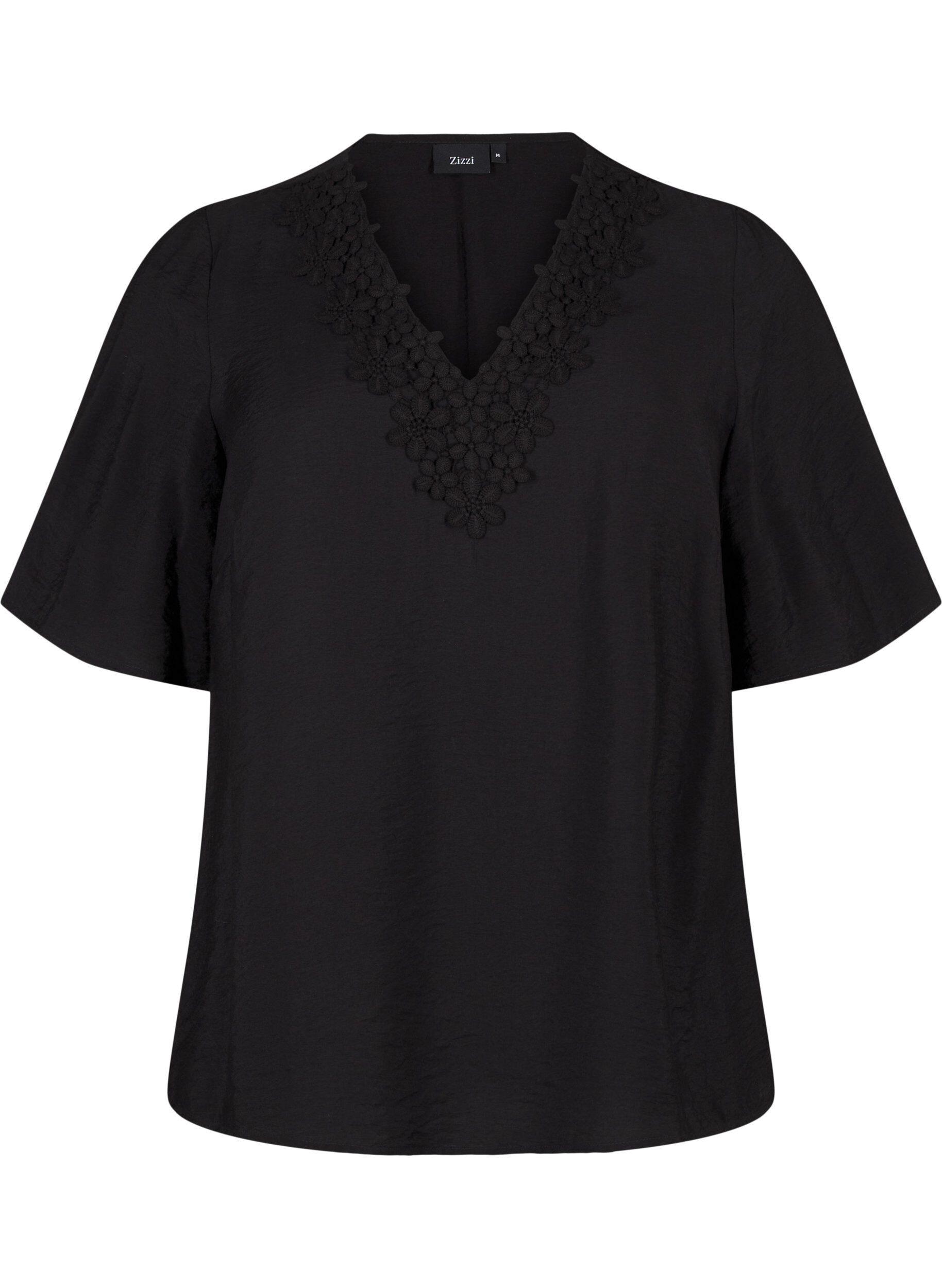Zizzi Viskose-Bluse mit V-Ausschnitt und Stickdetail, Schwarz, Packshot image number 0