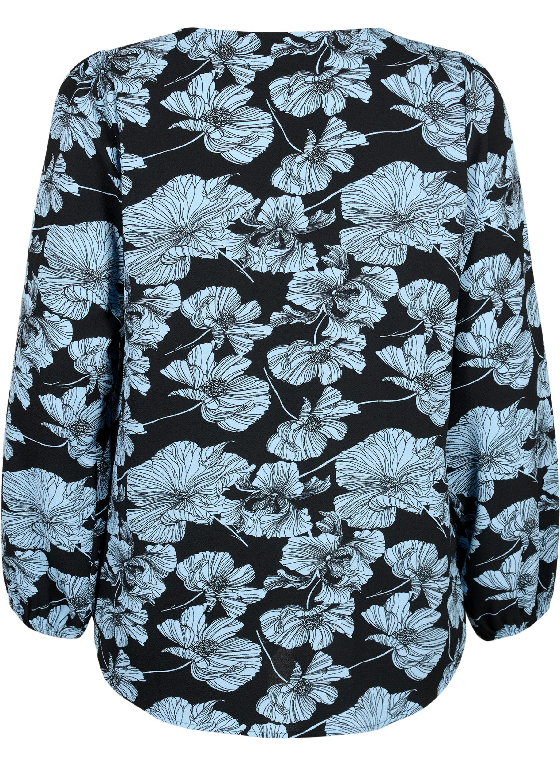 Zizzi  Hemdbluse mit V-Ausschnitt und Aufdruck, Black B. Flower AOP, Packshot image number 1
